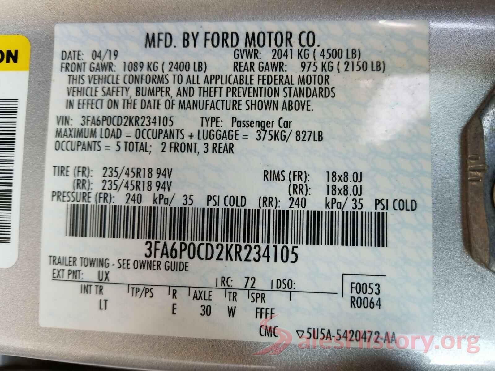 3FA6P0CD2KR234105 2019 FORD FUSION