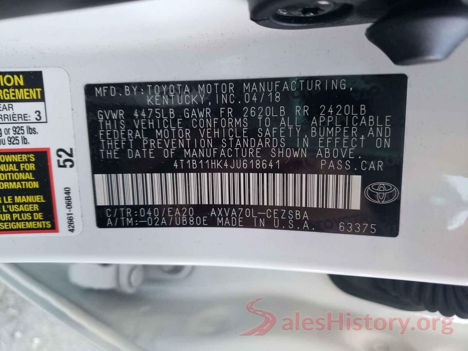 4T1B11HK4JU618641 2018 TOYOTA CAMRY