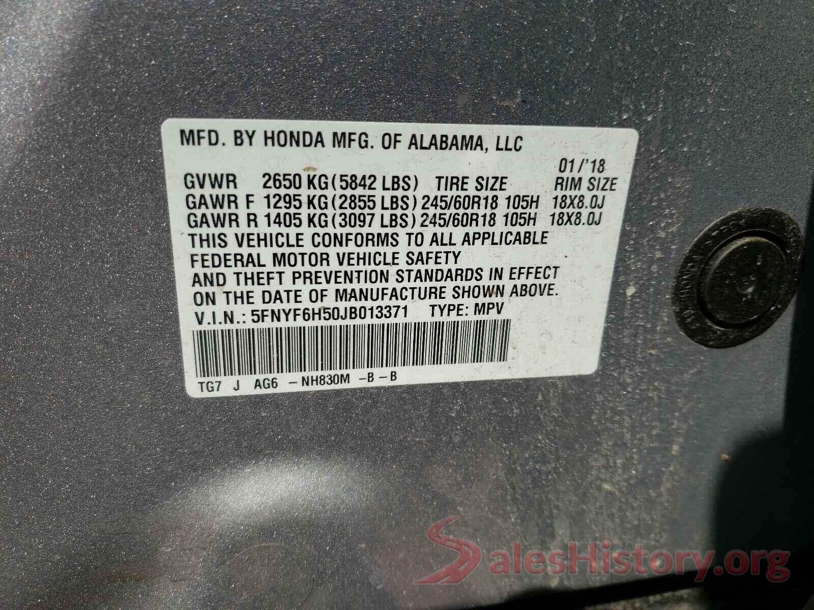 5FNYF6H50JB013371 2018 HONDA PILOT