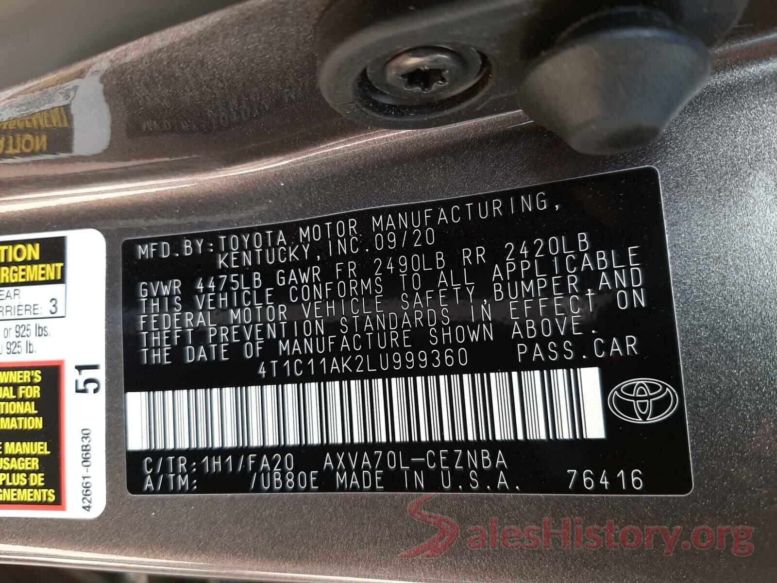 4T1C11AK2LU999360 2020 TOYOTA CAMRY