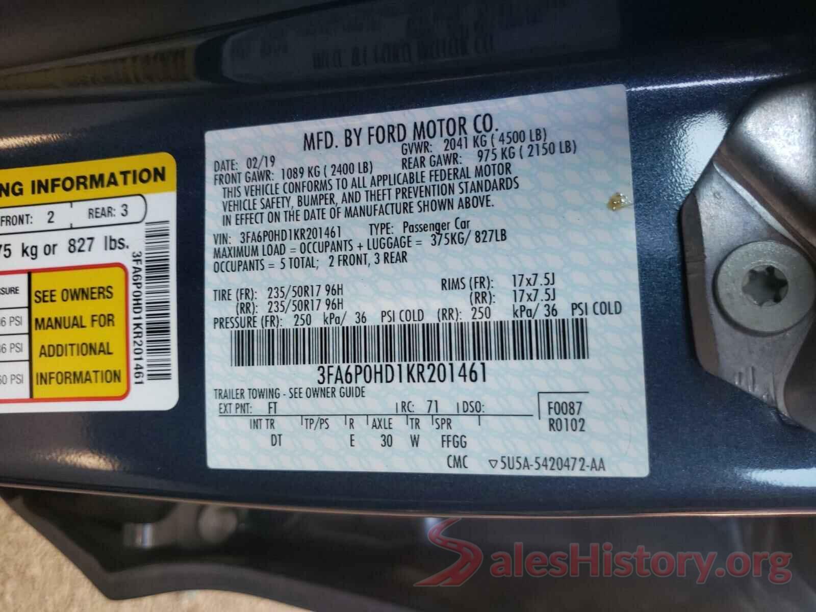 3FA6P0HD1KR201461 2019 FORD FUSION