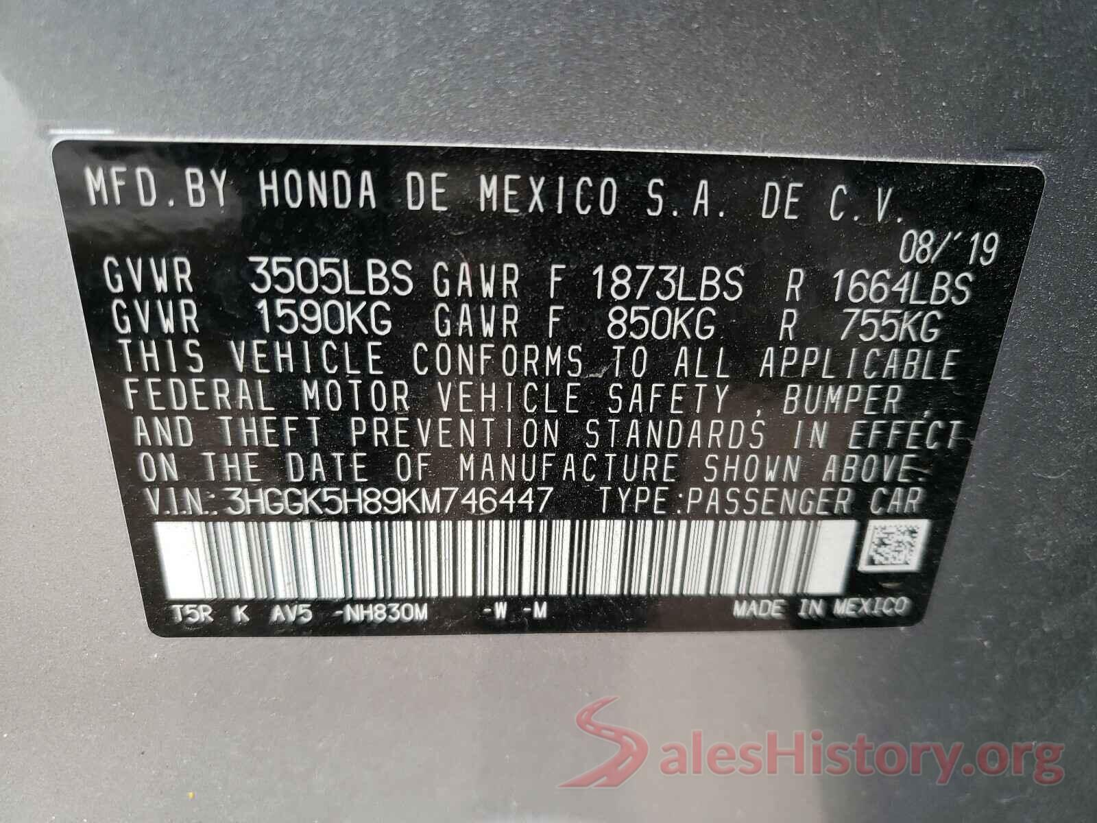 3HGGK5H89KM746447 2019 HONDA FIT