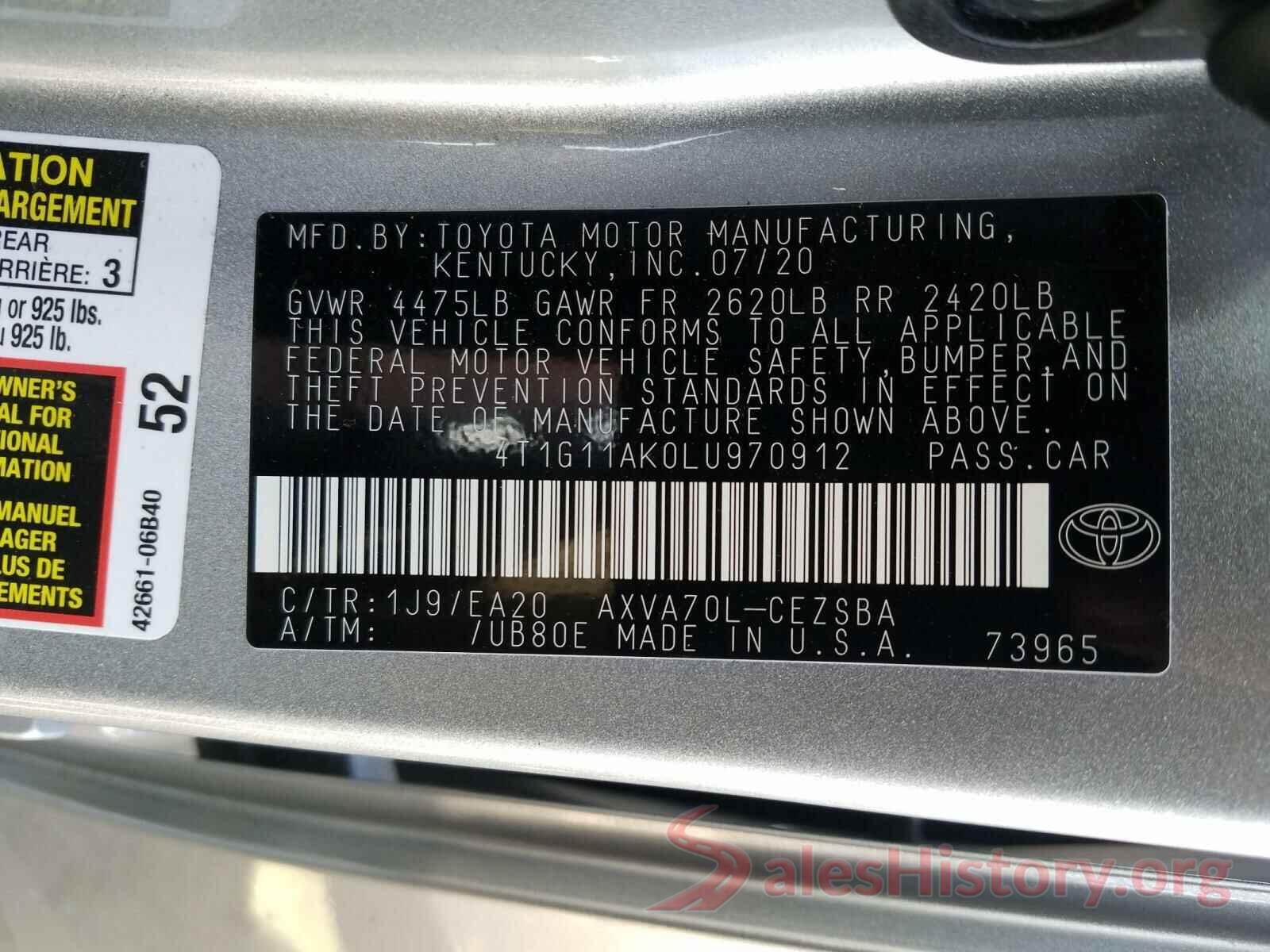 4T1G11AK0LU970912 2020 TOYOTA CAMRY