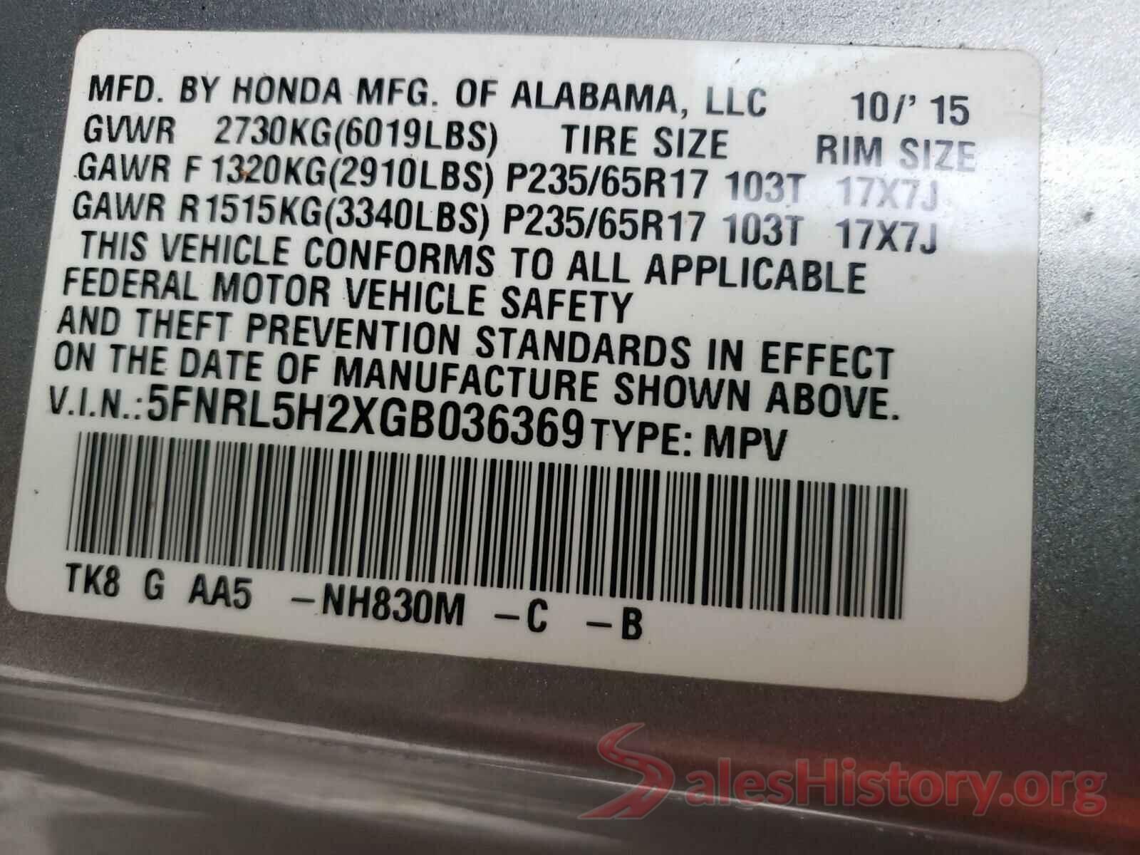 5FNRL5H2XGB036369 2016 HONDA ODYSSEY