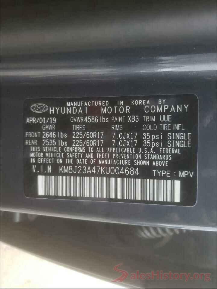 KM8J23A47KU004684 2019 HYUNDAI TUCSON