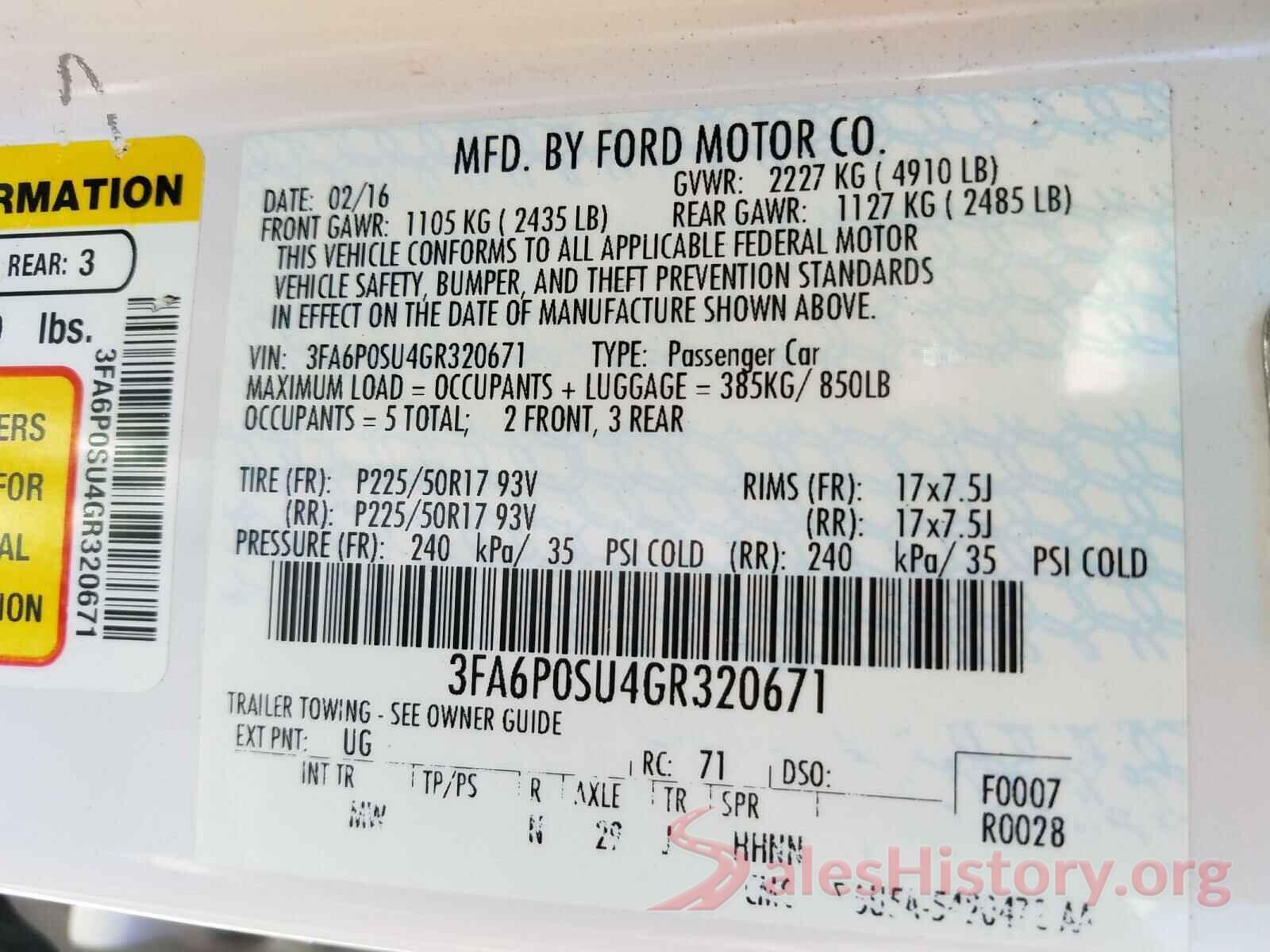 3FA6P0SU4GR320671 2016 FORD FUSION