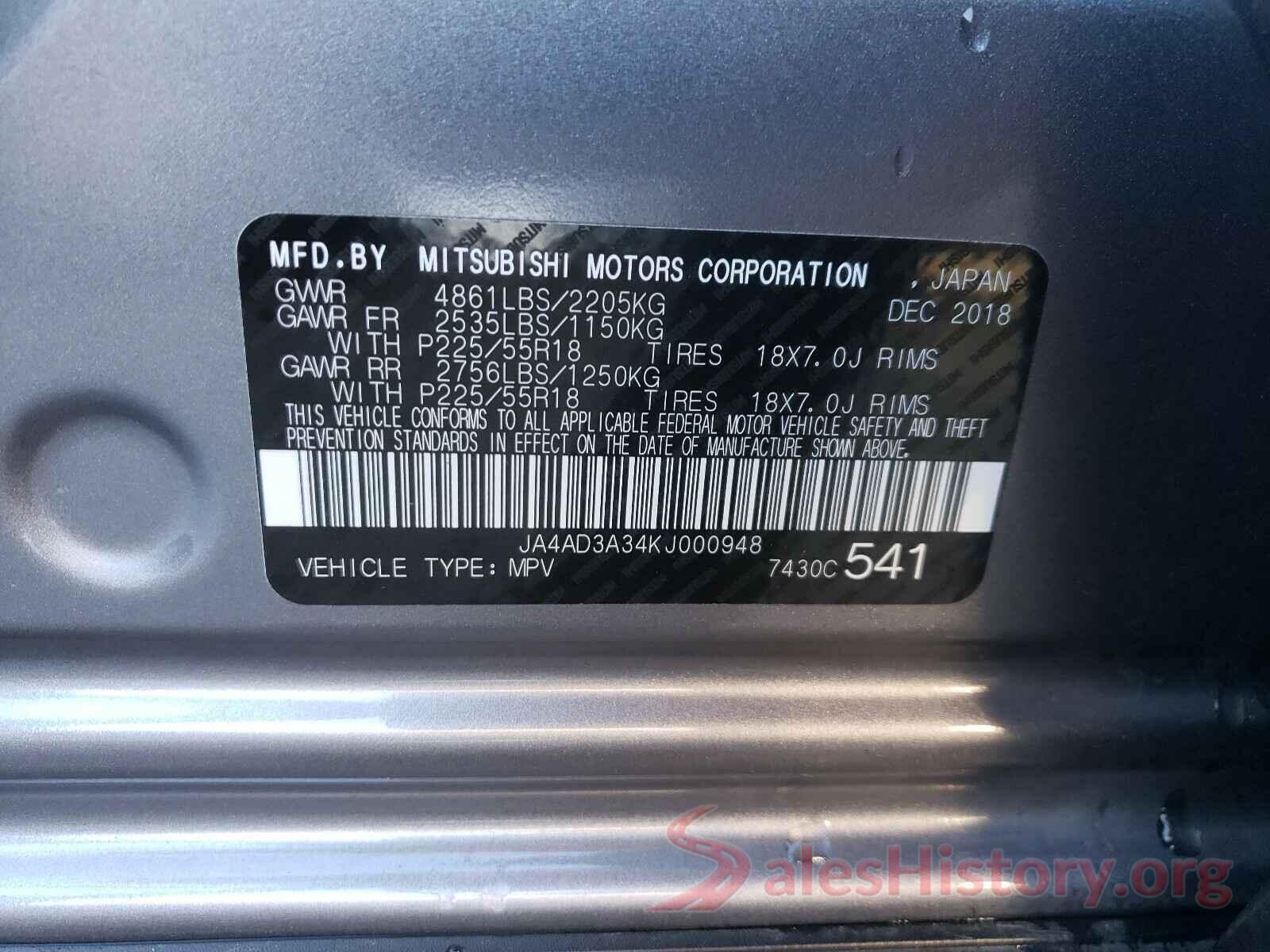 JA4AD3A34KJ000948 2019 MITSUBISHI OUTLANDER