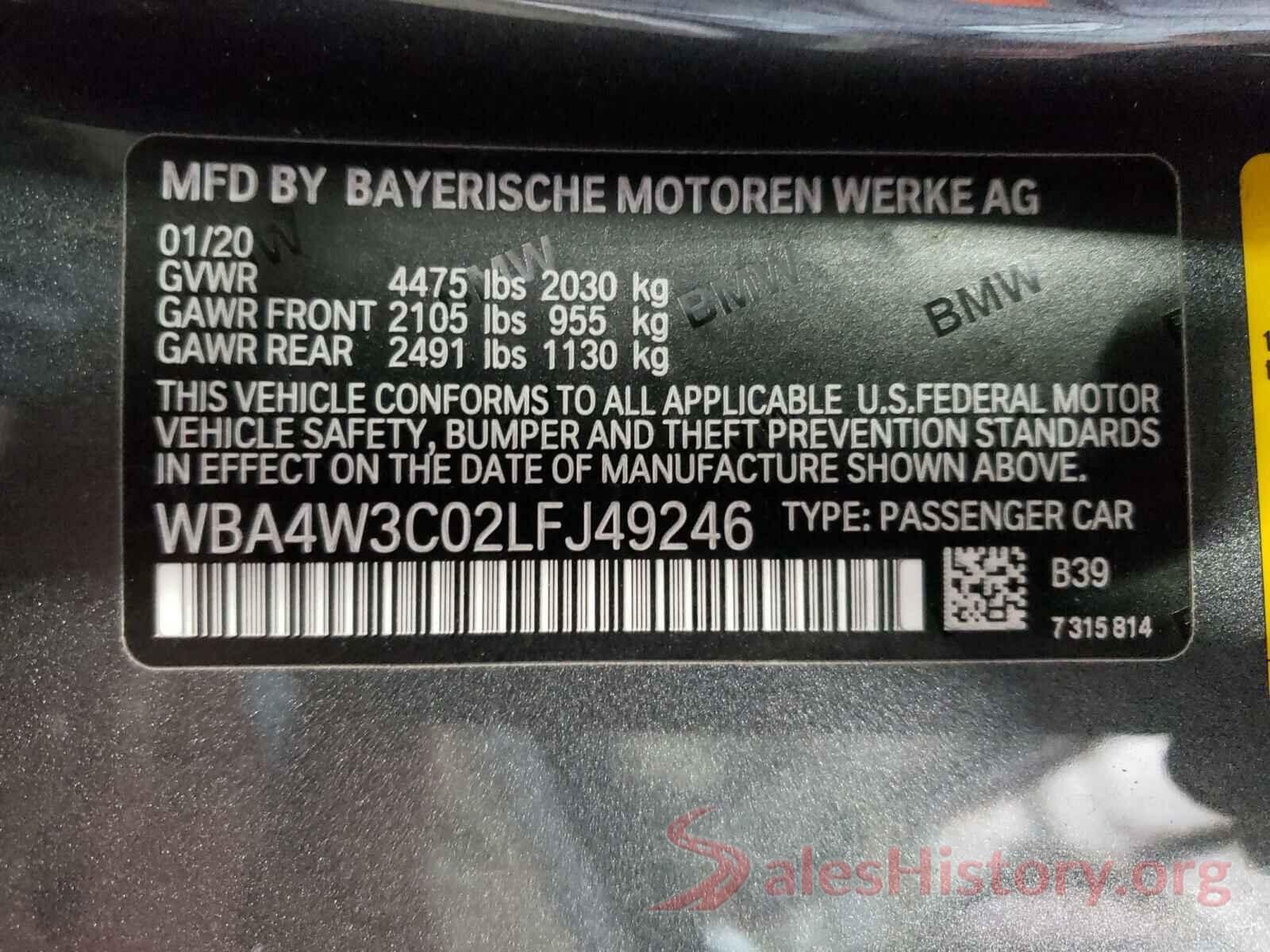 WBA4W3C02LFJ49246 2020 BMW 4 SERIES