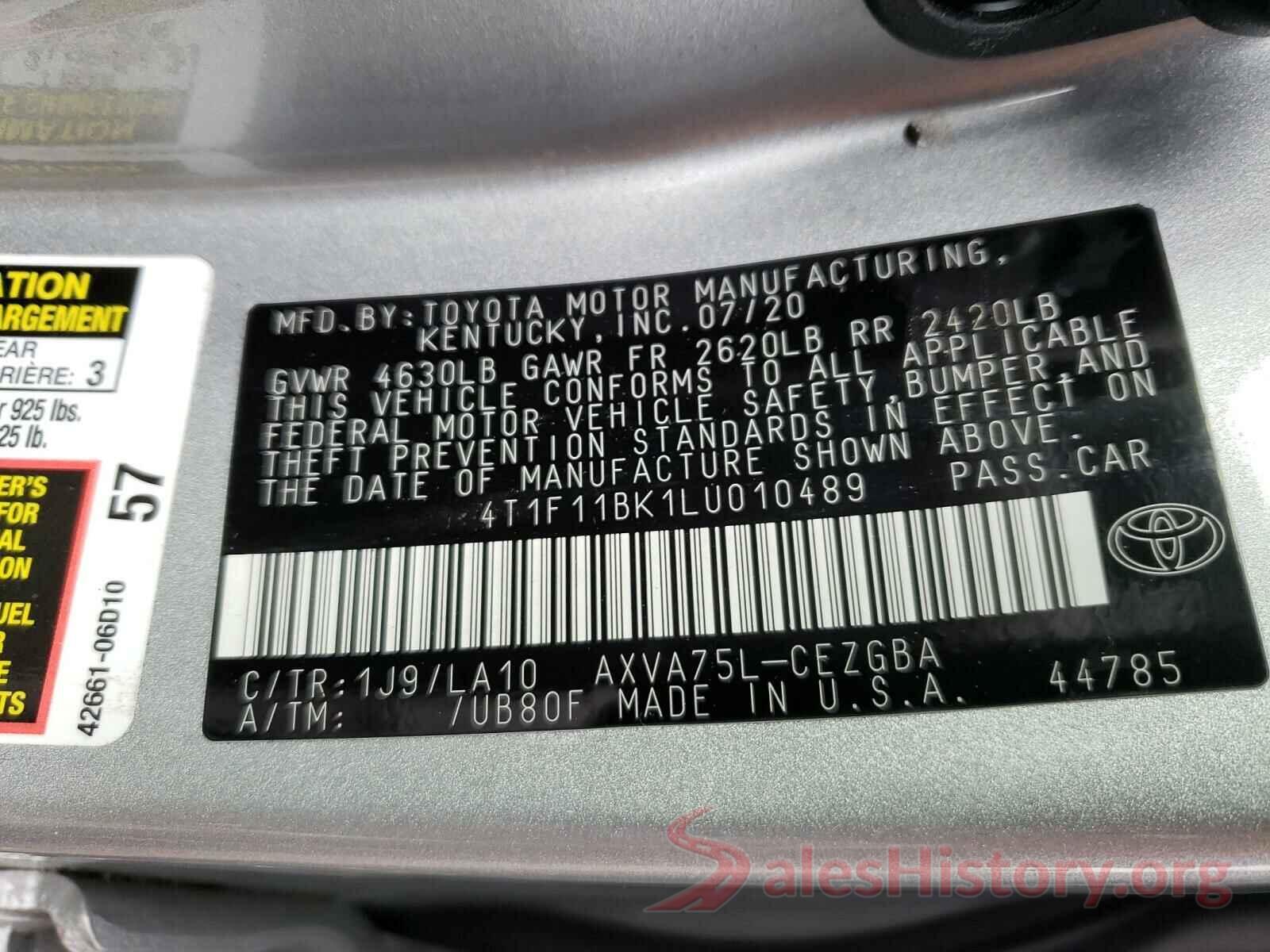 4T1F11BK1LU010489 2020 TOYOTA CAMRY