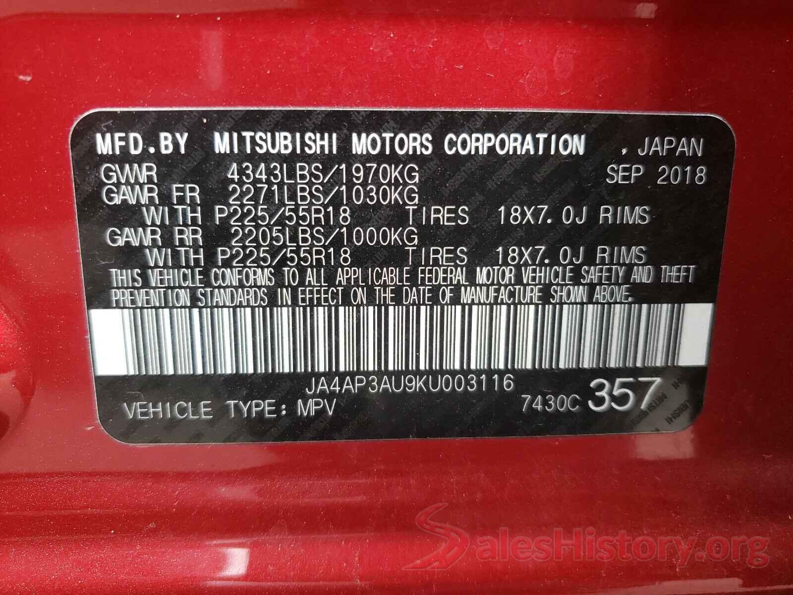 JA4AP3AU9KU003116 2019 MITSUBISHI OUTLANDER