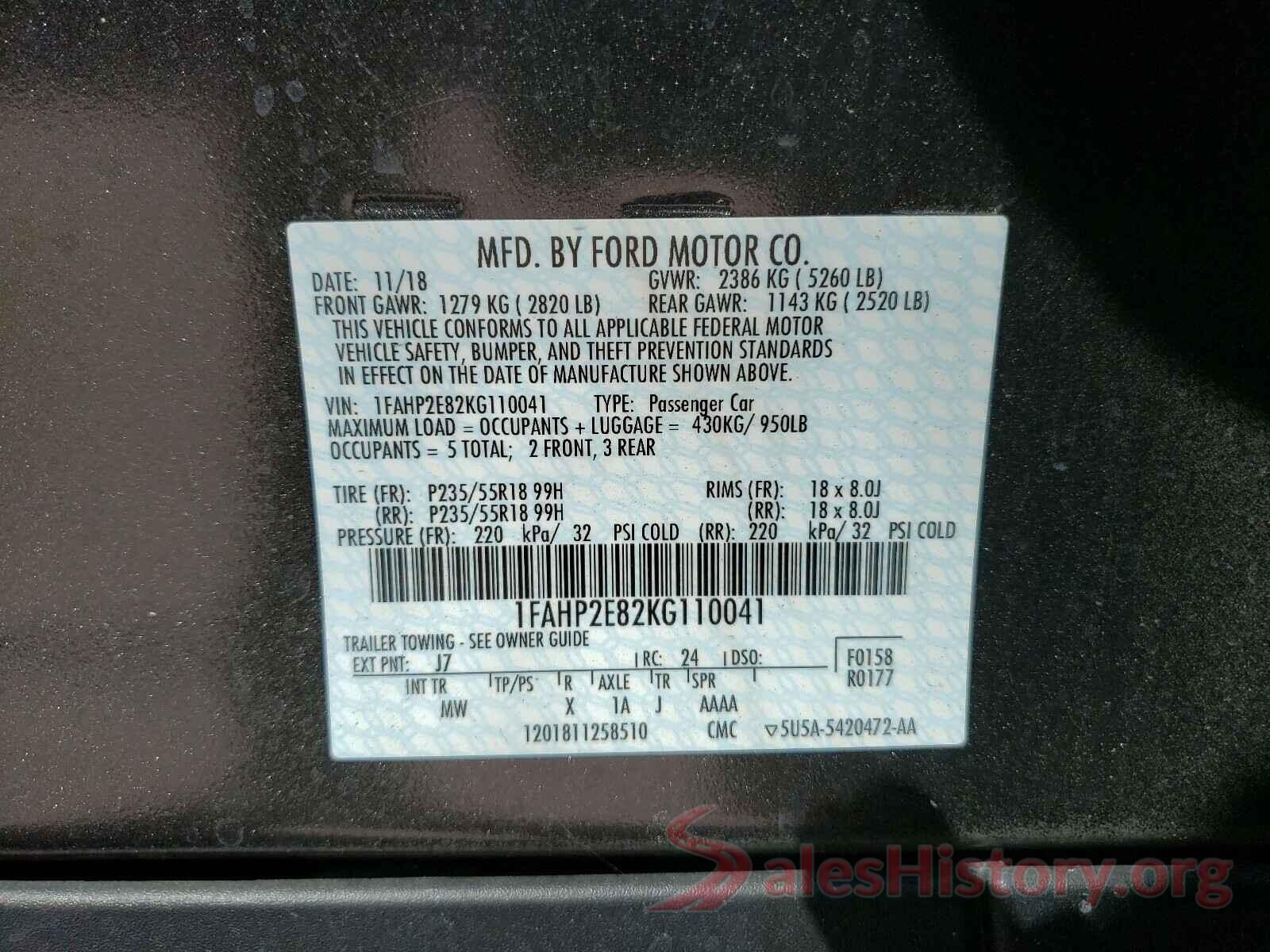 1FAHP2E82KG110041 2019 FORD TAURUS