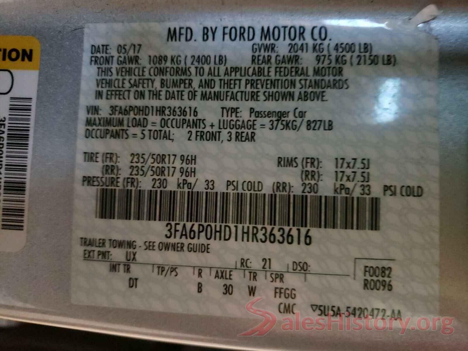 3FA6P0HD1HR363616 2017 FORD FUSION