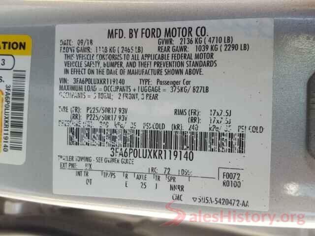 3FA6P0LUXKR119140 2019 FORD FUSION