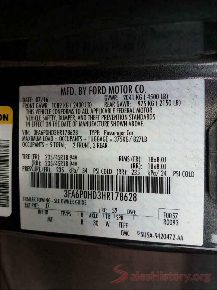 3FA6P0HD3HR178628 2017 FORD FUSION