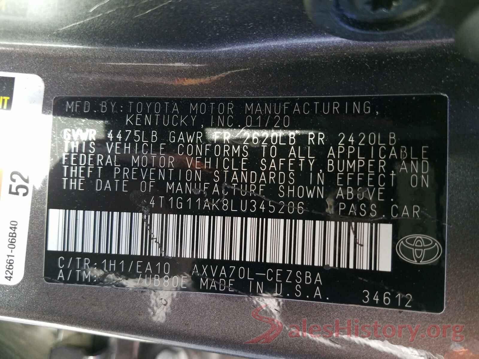 4T1G11AK8LU345206 2020 TOYOTA CAMRY