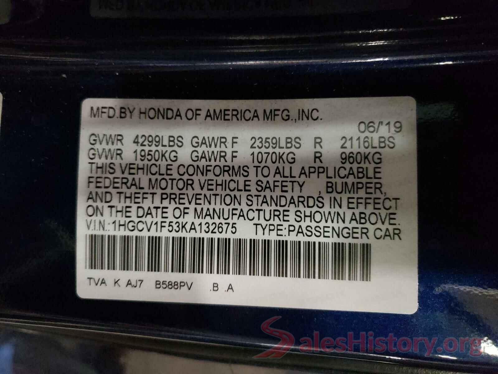 1HGCV1F53KA132675 2019 HONDA ACCORD