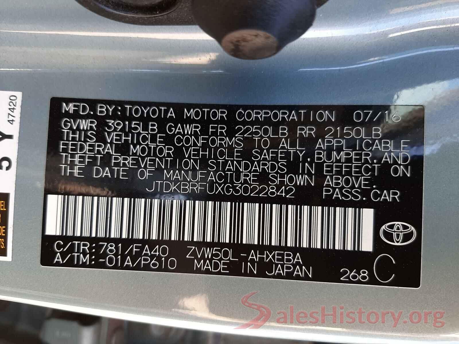 JTDKBRFUXG3022842 2016 TOYOTA PRIUS