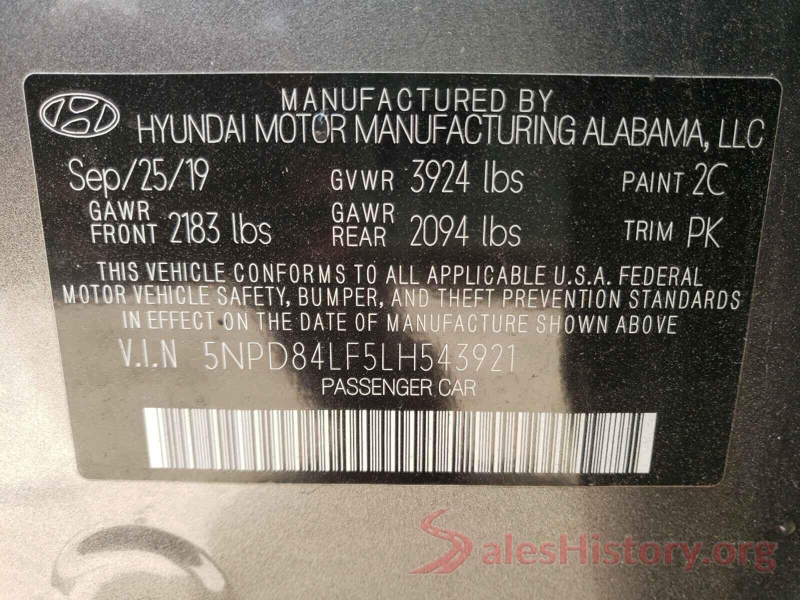 5NPD84LF5LH543921 2020 HYUNDAI ELANTRA