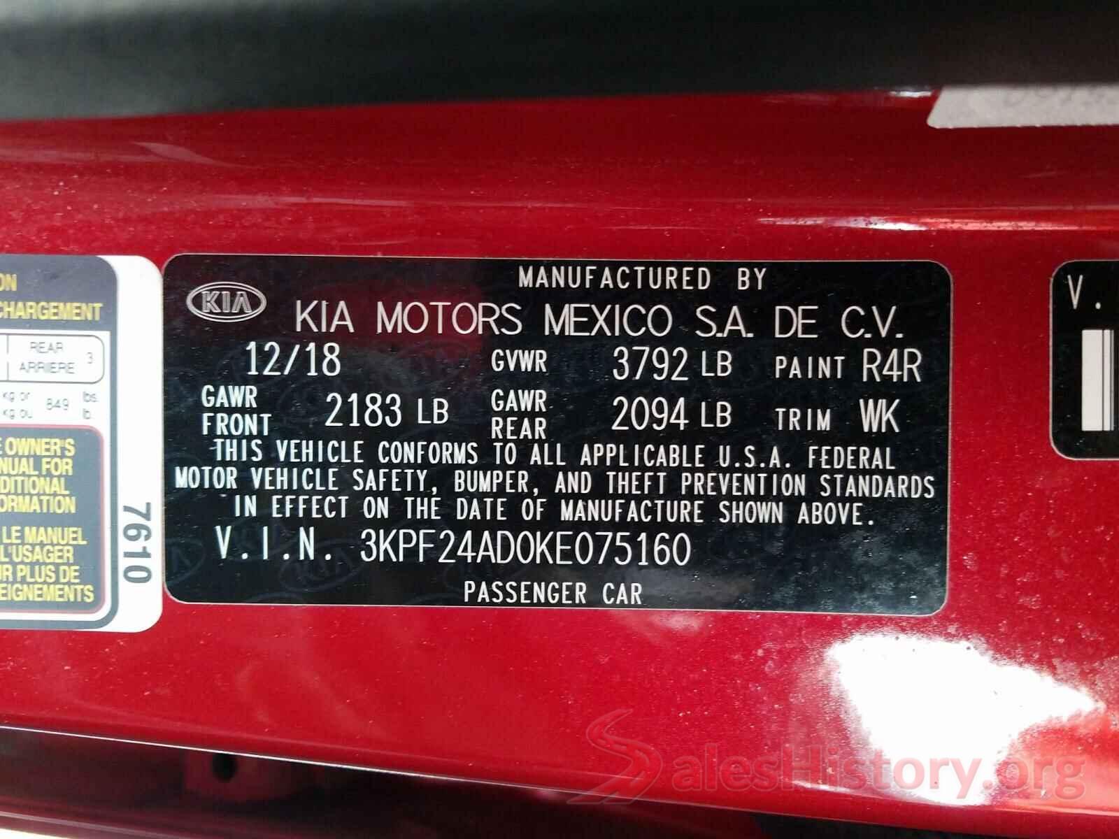 3KPF24AD0KE075160 2019 KIA FORTE