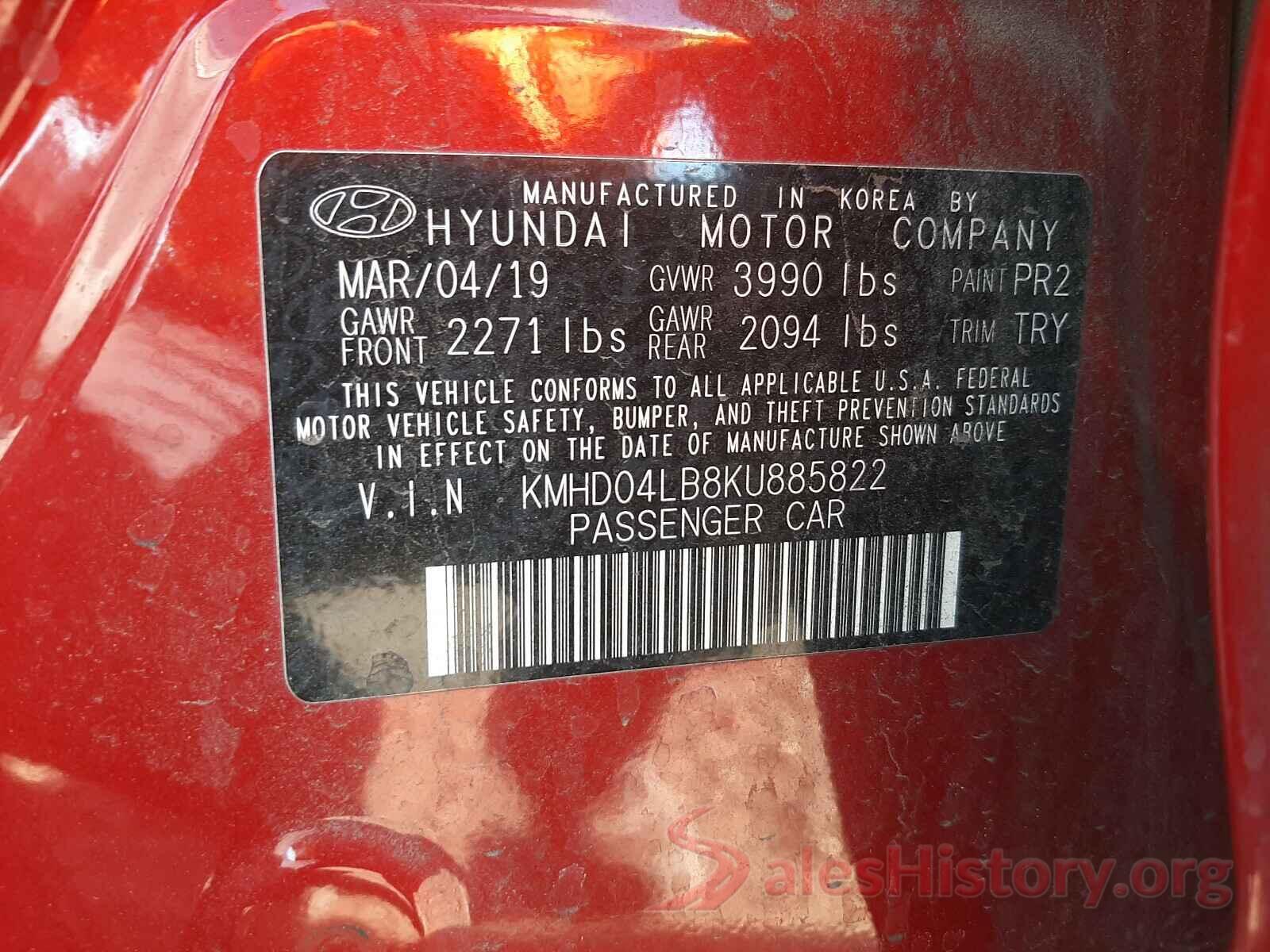 KMHD04LB8KU885822 2019 HYUNDAI ELANTRA