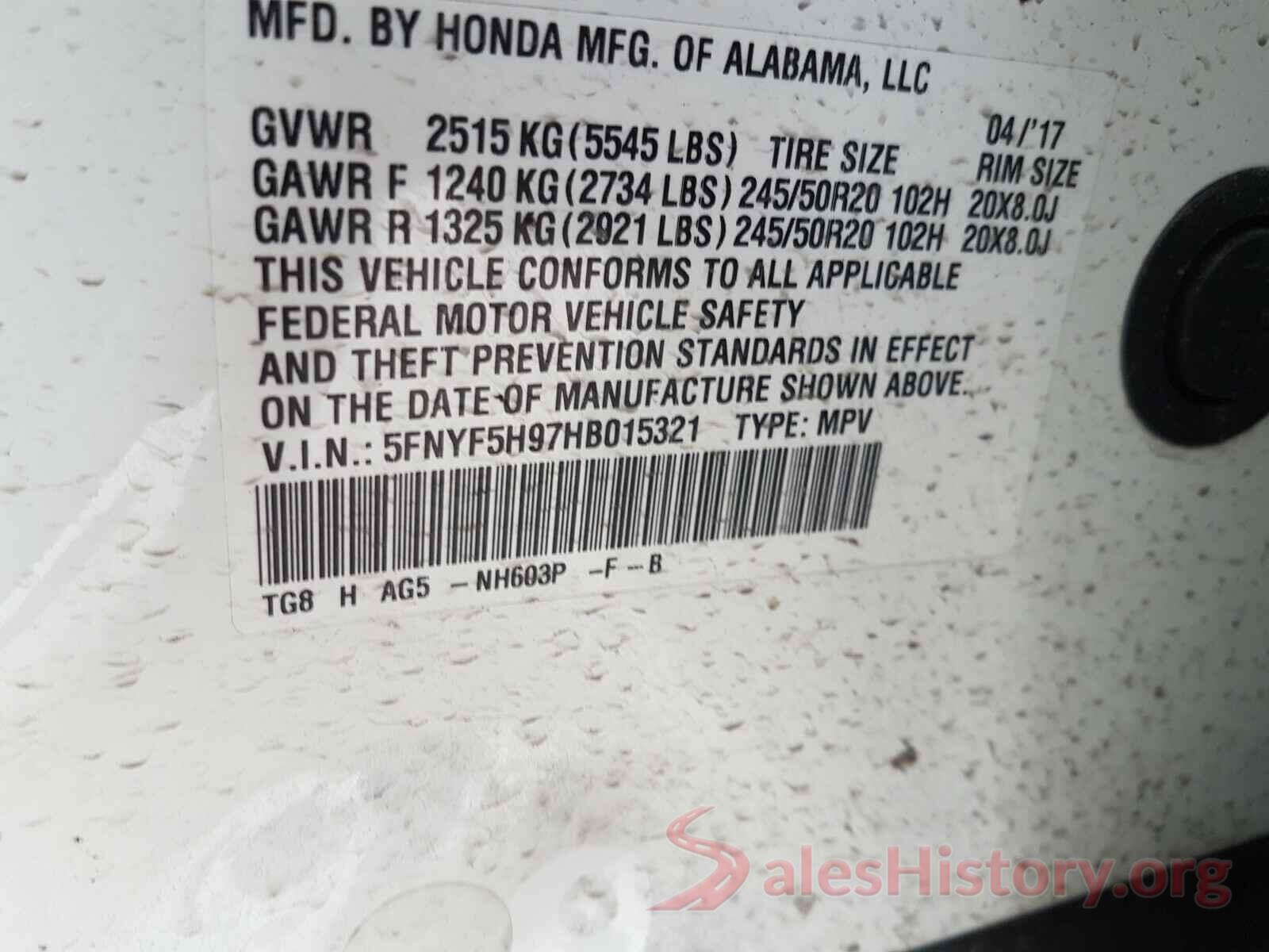 5FNYF5H97HB015321 2017 HONDA PILOT