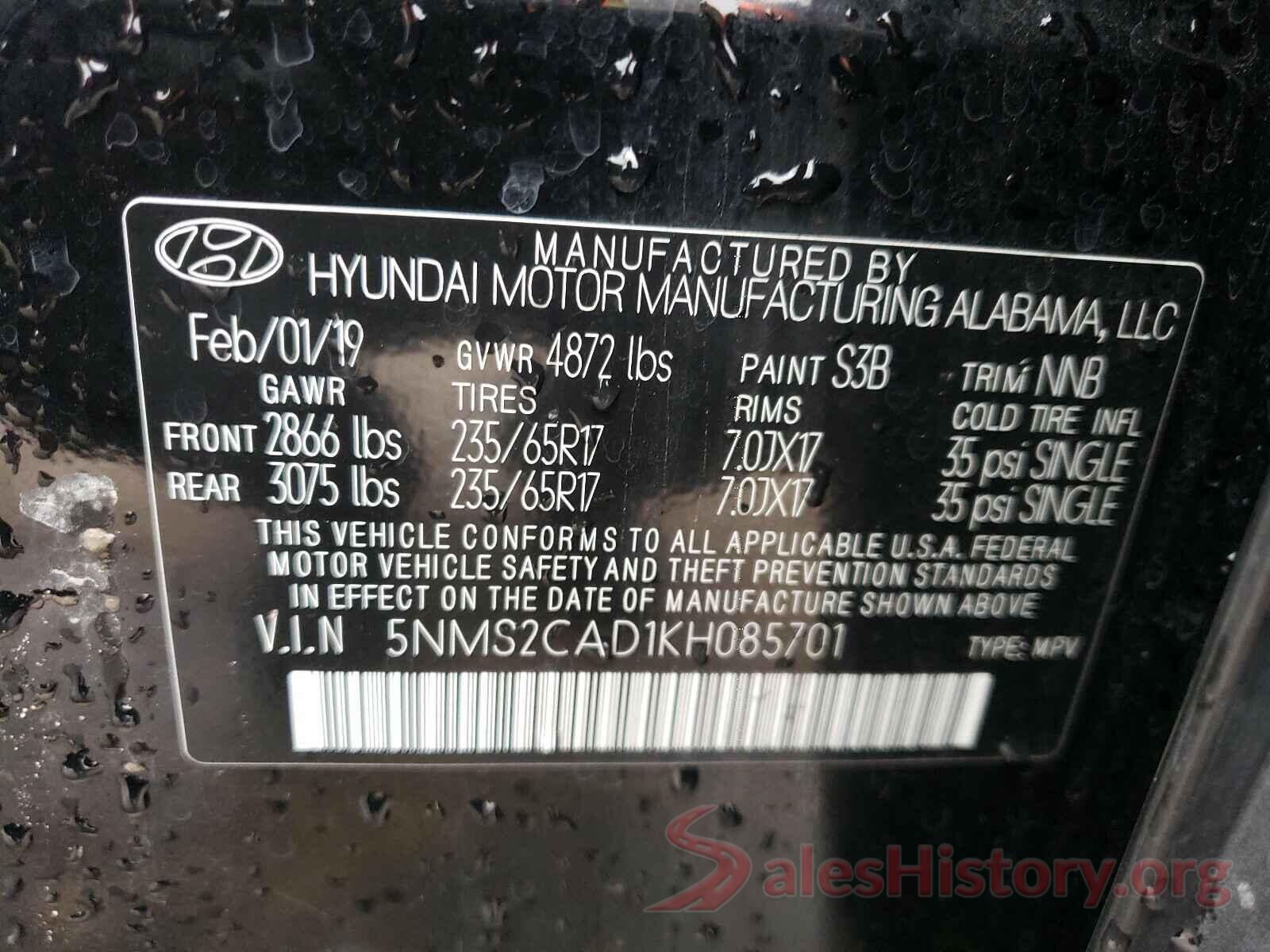 5NMS2CAD1KH085701 2019 HYUNDAI SANTA FE