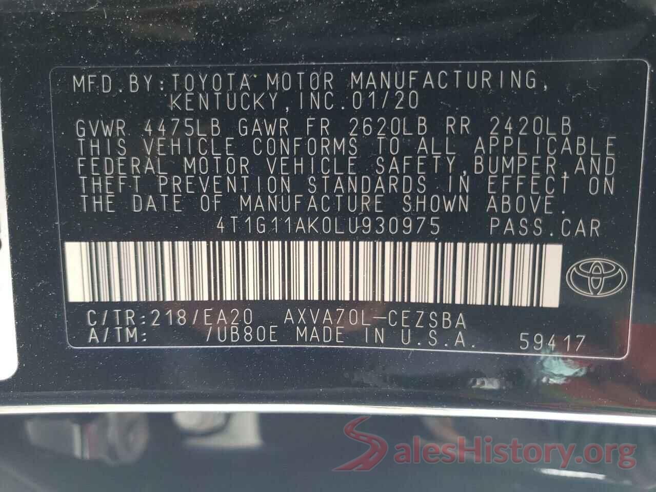 4T1G11AK0LU930975 2020 TOYOTA CAMRY