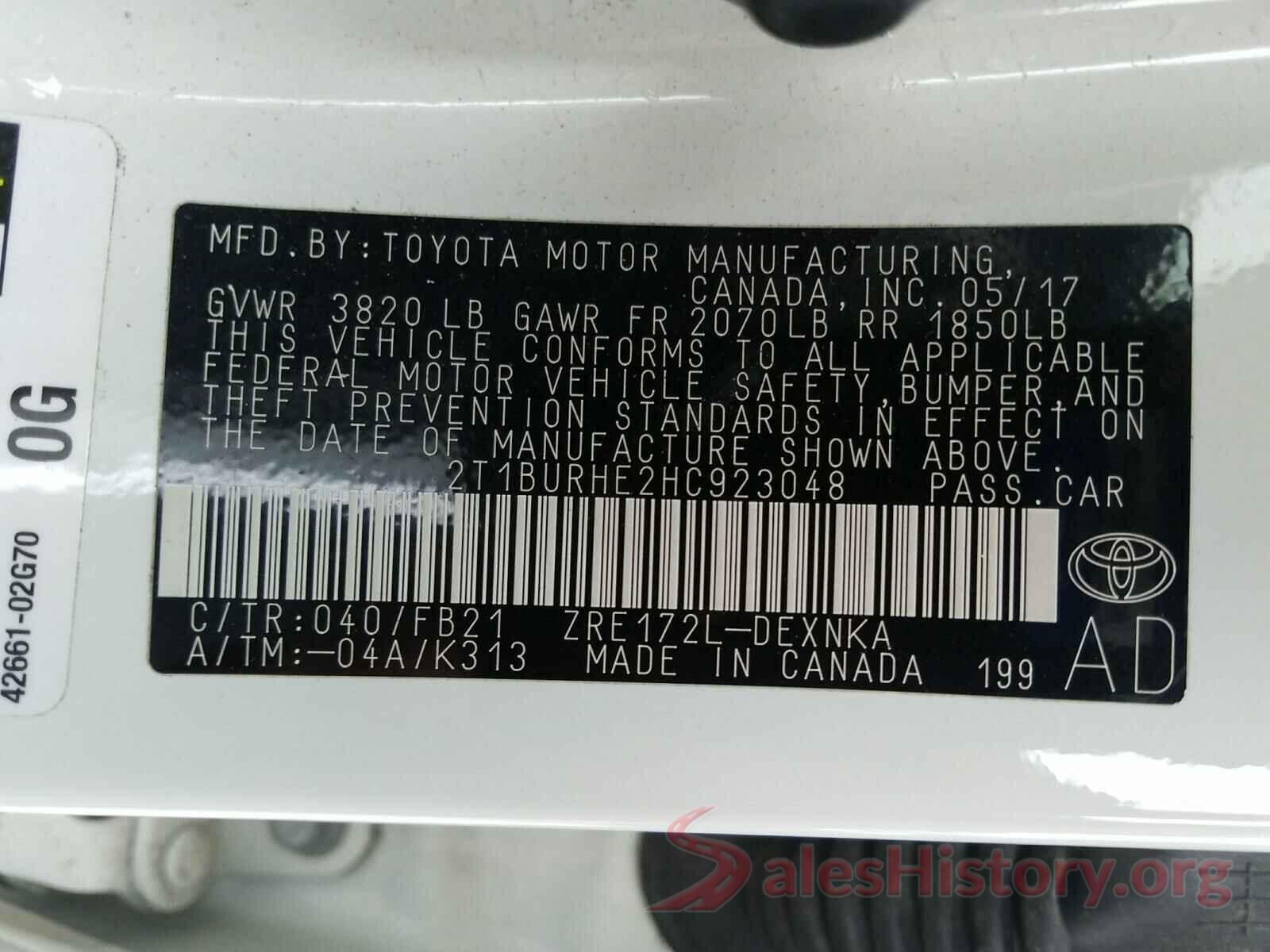 2T1BURHE2HC923048 2017 TOYOTA COROLLA