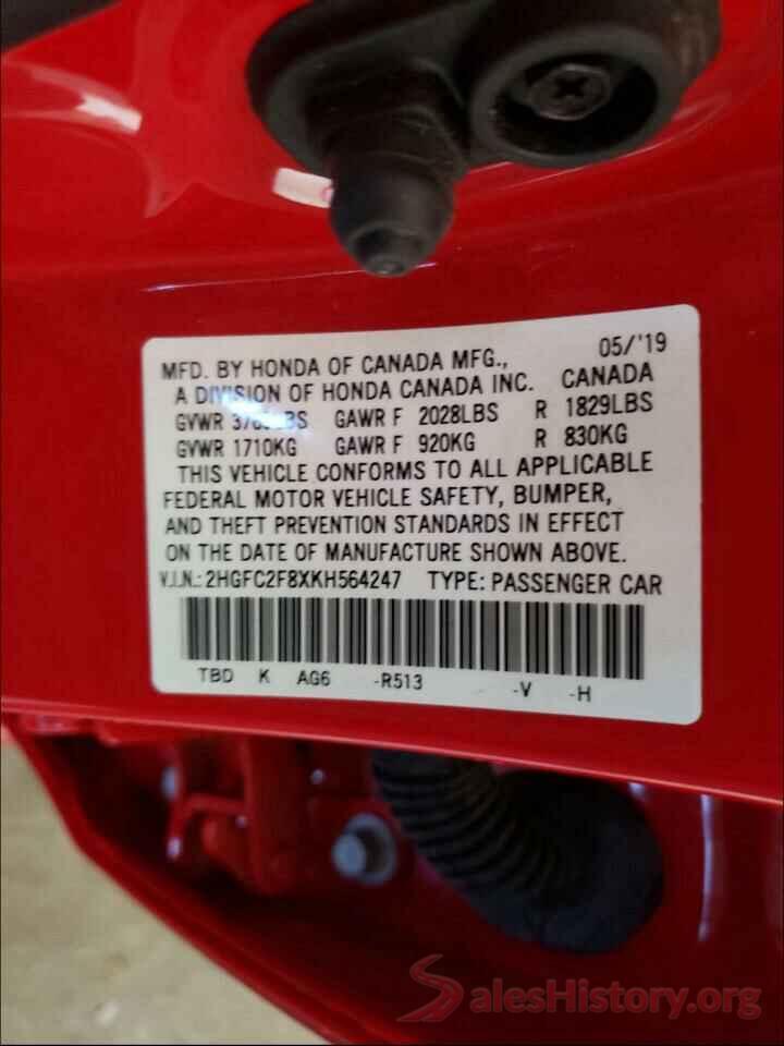 2HGFC2F8XKH564247 2019 HONDA CIVIC