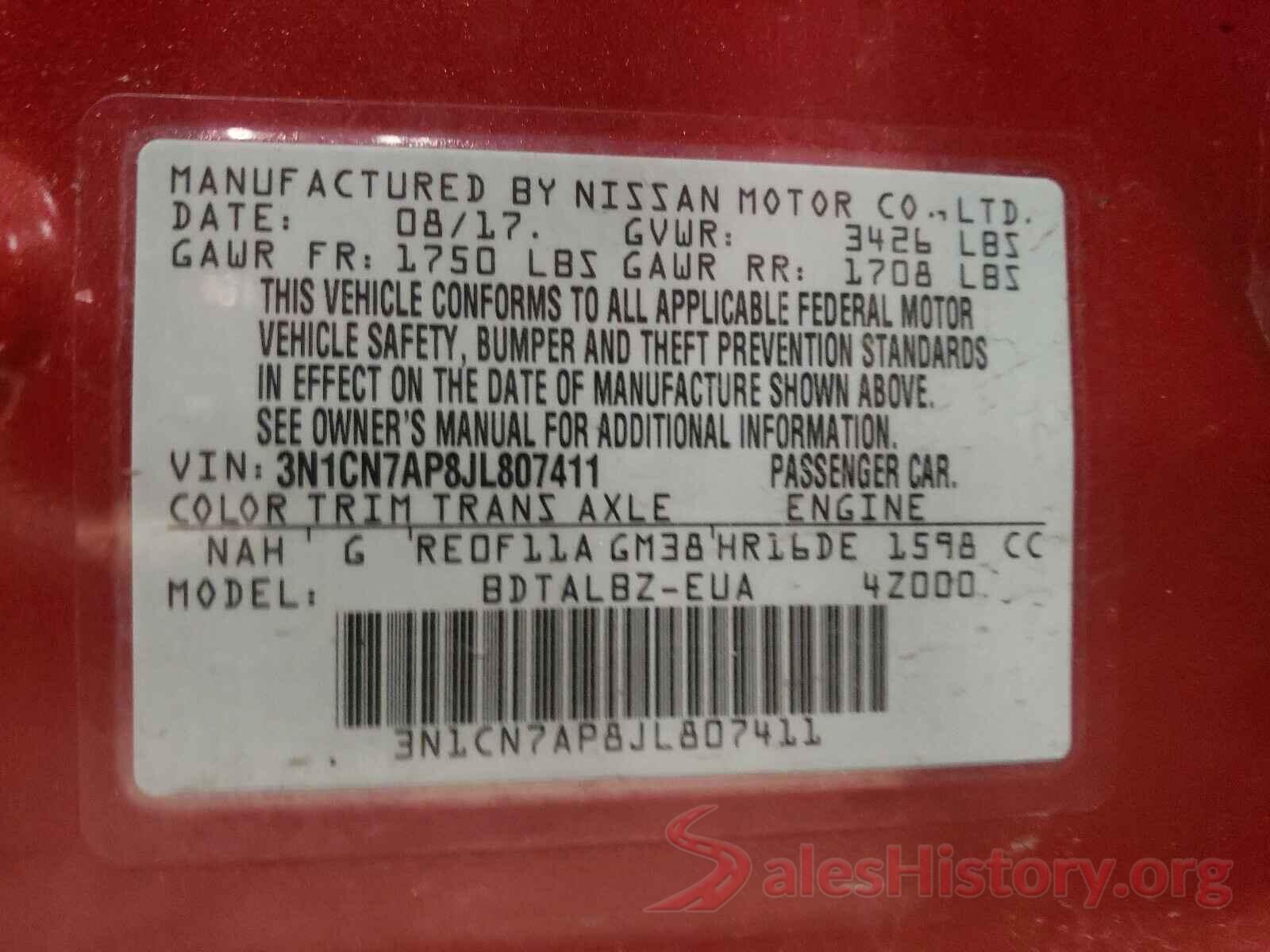 3N1CN7AP8JL807411 2018 NISSAN VERSA