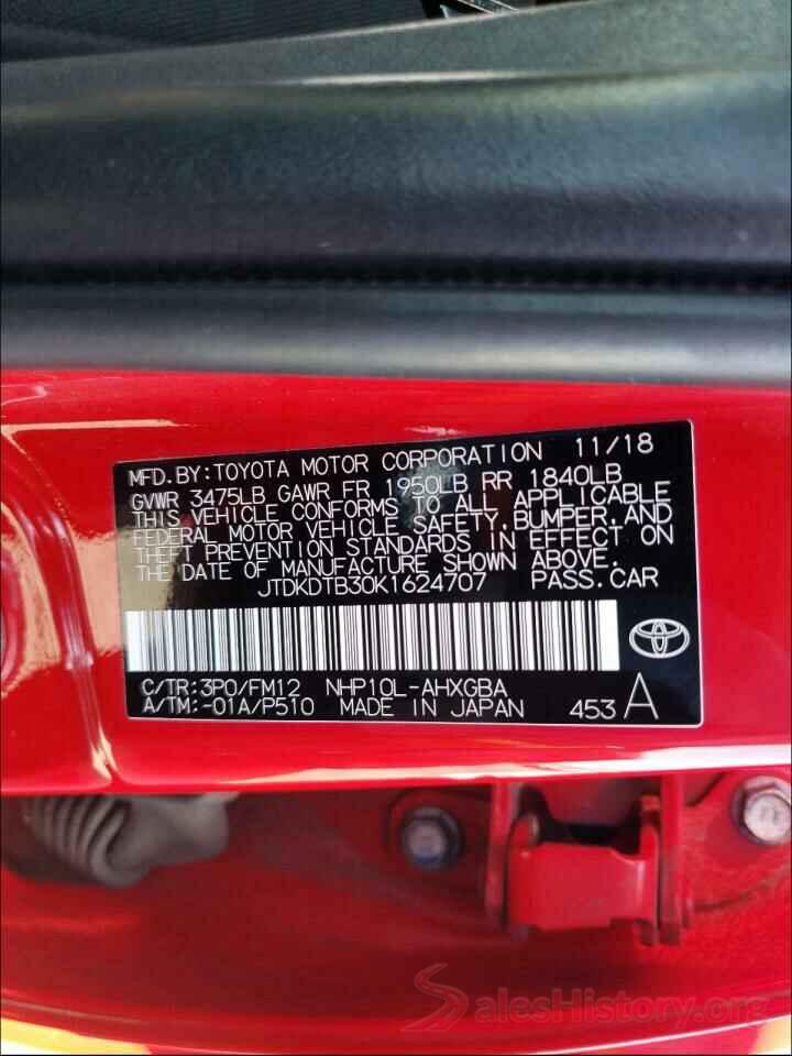 JTDKDTB30K1624707 2019 TOYOTA PRIUS