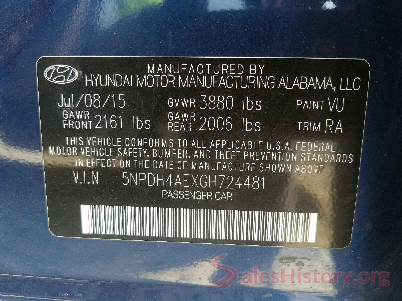 5NPDH4AEXGH724481 2016 HYUNDAI ELANTRA