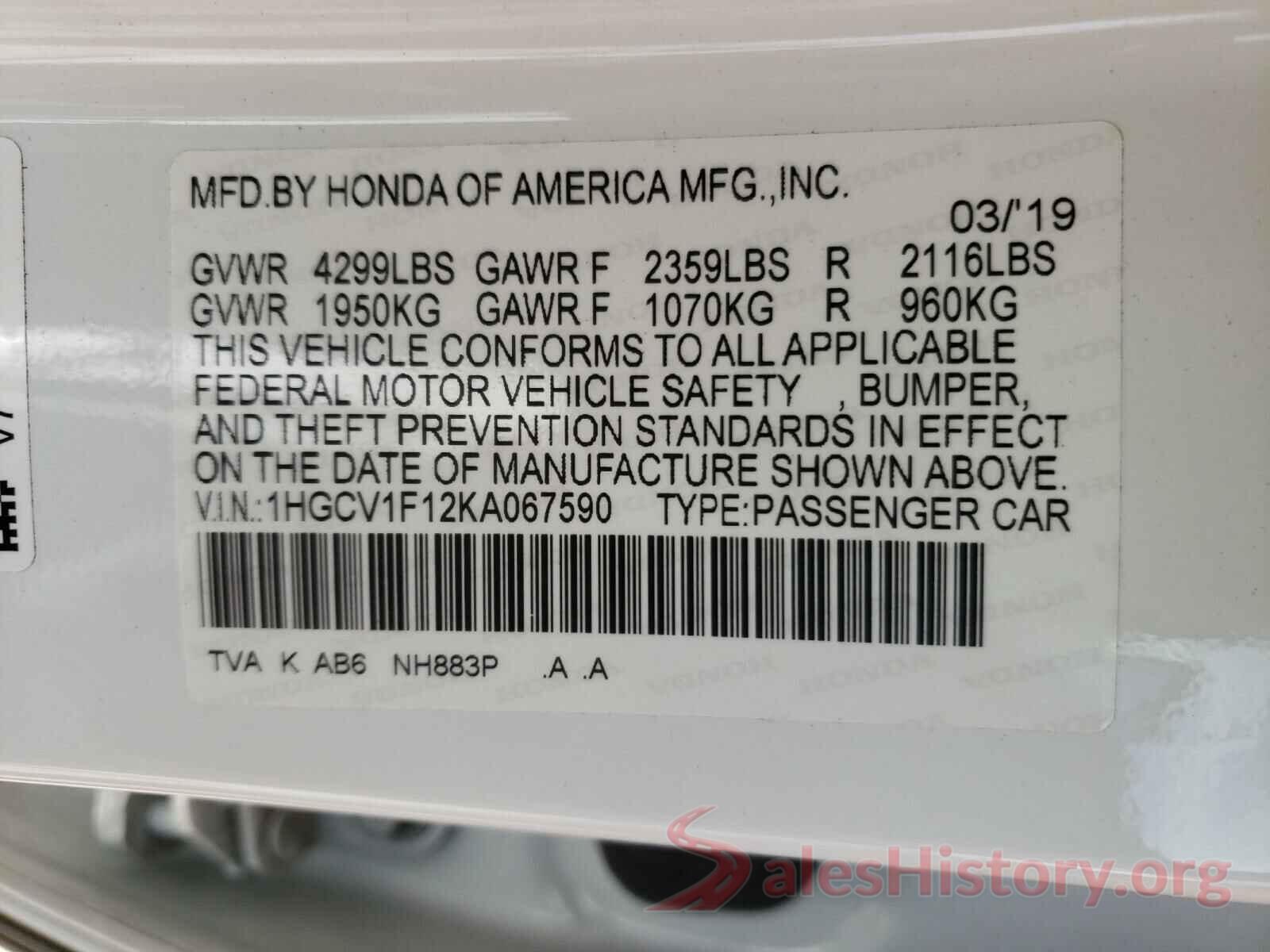 1HGCV1F12KA067590 2019 HONDA ACCORD