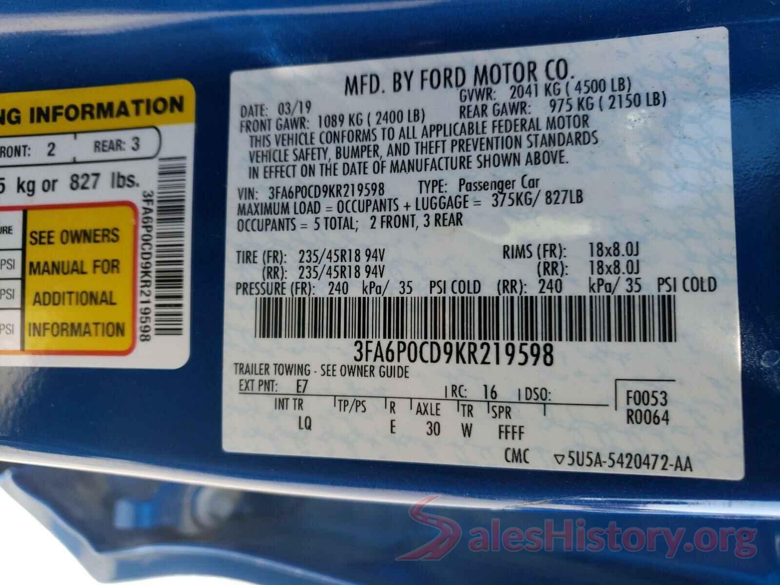 3FA6P0CD9KR219598 2019 FORD FUSION