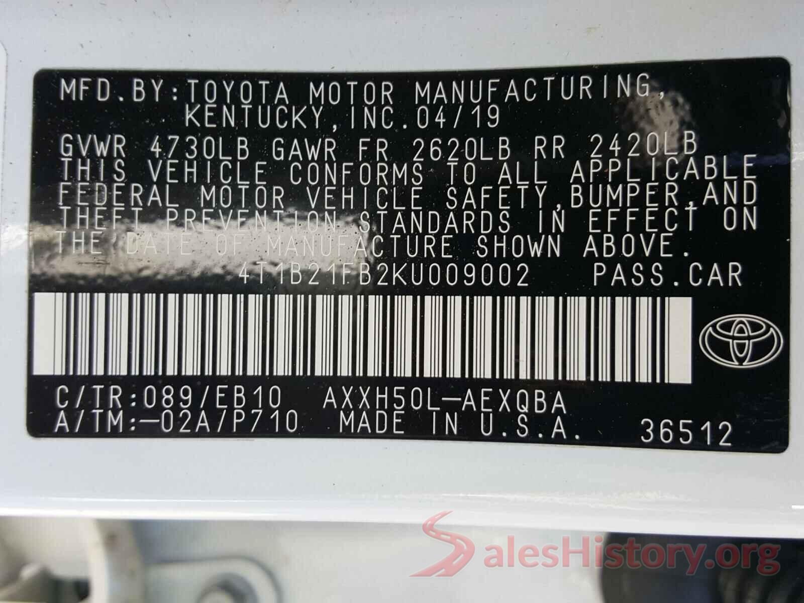 4T1B21FB2KU009002 2019 TOYOTA AVALON