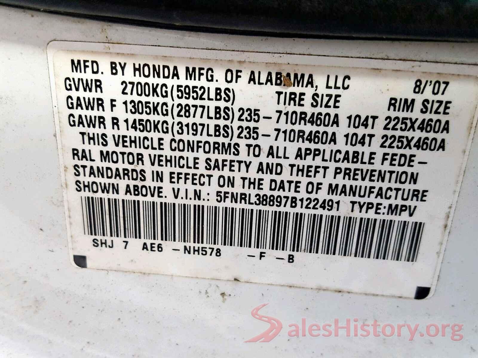 5FNRL38897B122491 2007 HONDA ODYSSEY TO