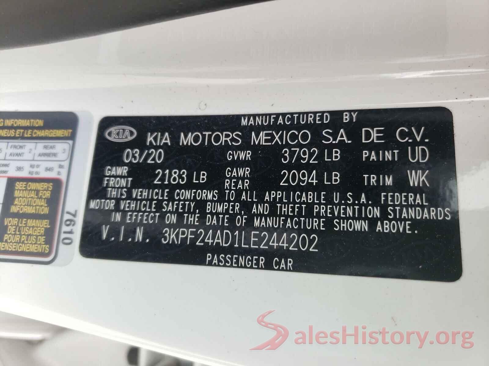 3KPF24AD1LE244202 2020 KIA FORTE