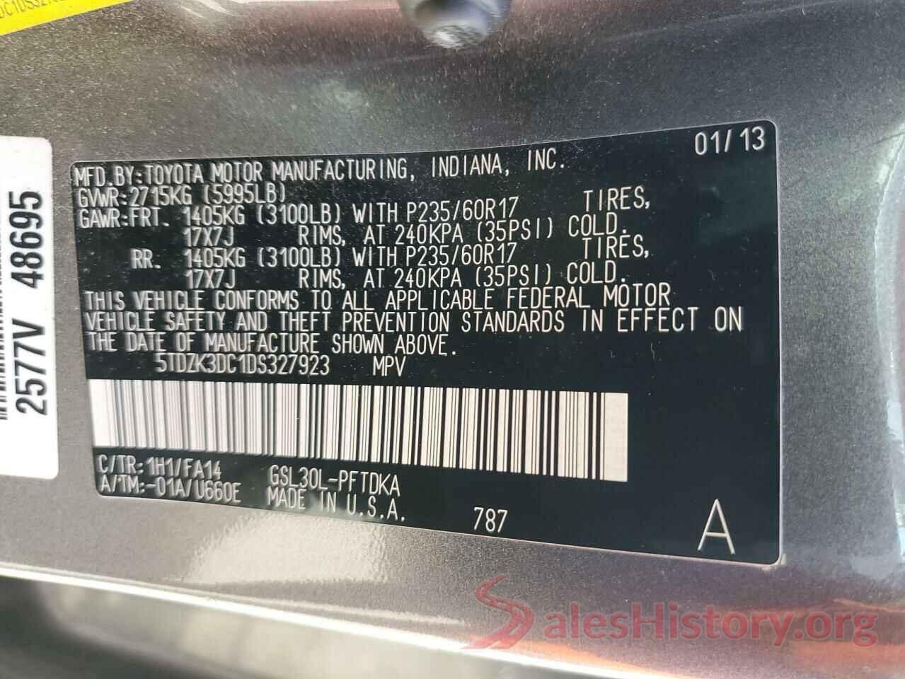 5TDZK3DC1DS327923 2013 TOYOTA SIENNA