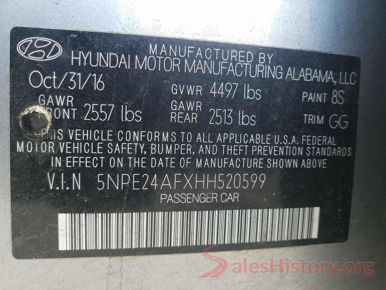 5NPE24AFXHH520599 2017 HYUNDAI SONATA