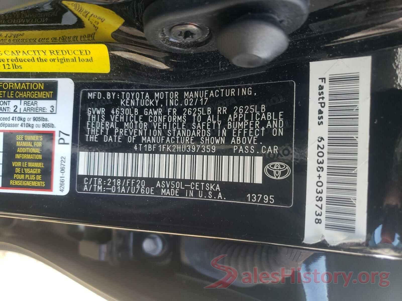 4T1BF1FK2HU397359 2017 TOYOTA CAMRY