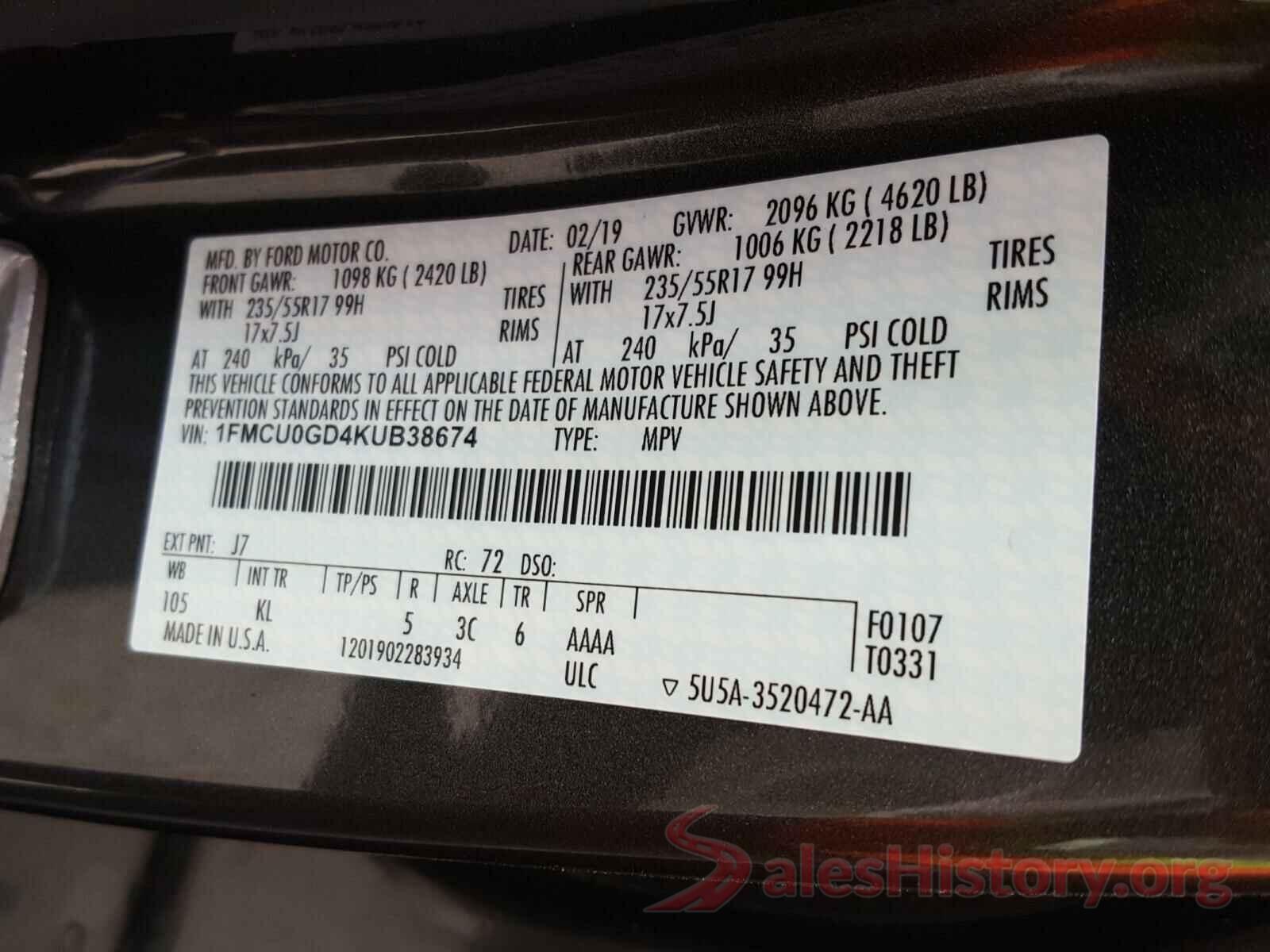 1FMCU0GD4KUB38674 2019 FORD ESCAPE