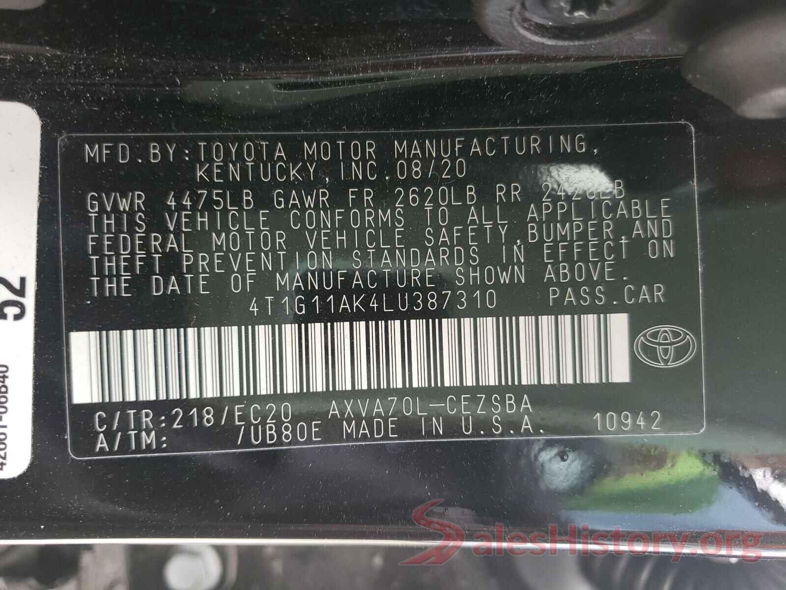 4T1G11AK4LU387310 2020 TOYOTA CAMRY