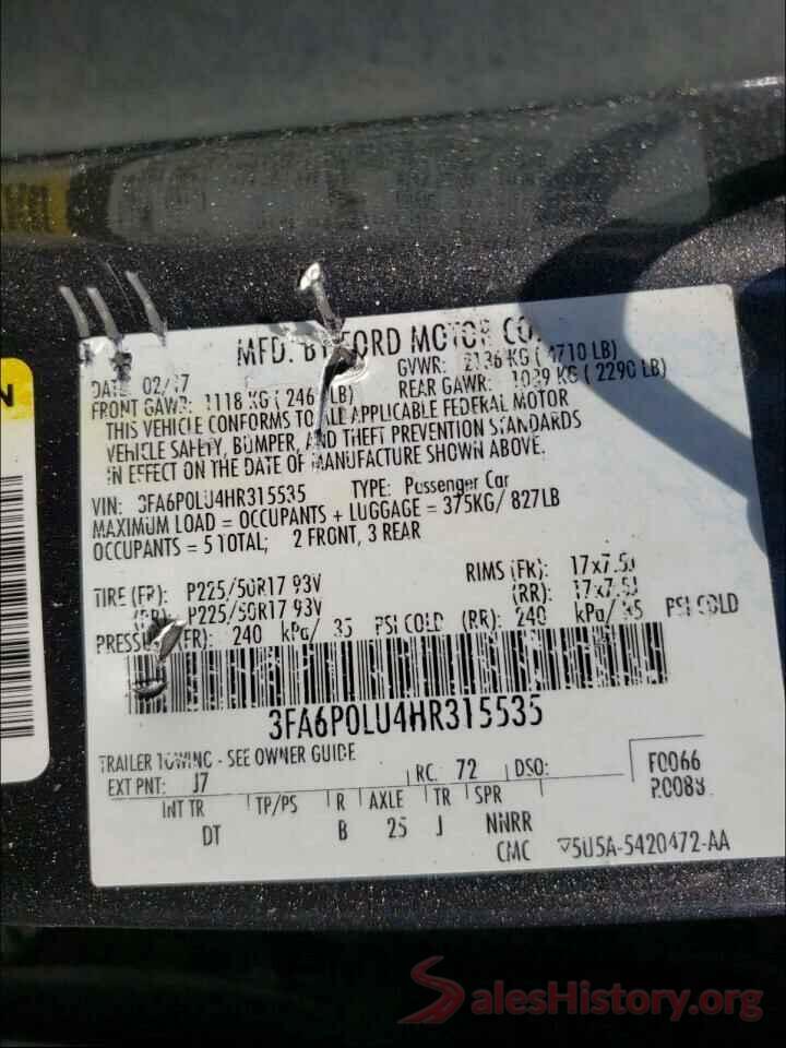 3FA6P0LU4HR315535 2017 FORD FUSION