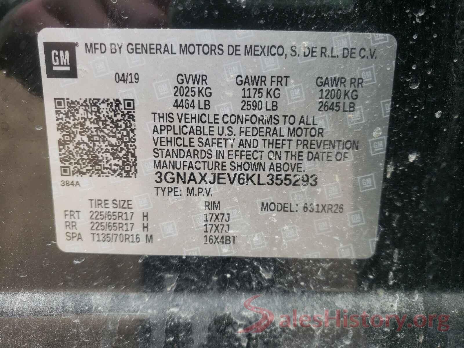 3GNAXJEV6KL355293 2019 CHEVROLET EQUINOX