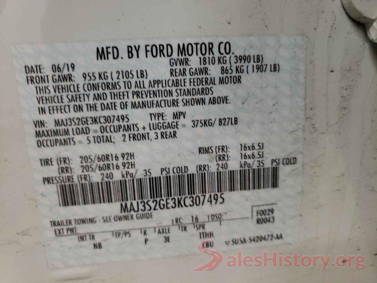 MAJ3S2GE3KC307495 2019 FORD ALL OTHER