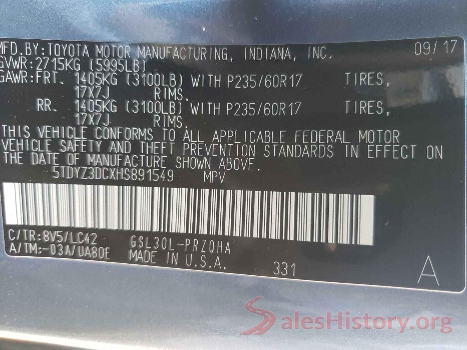 5TDYZ3DCXHS891549 2017 TOYOTA SIENNA