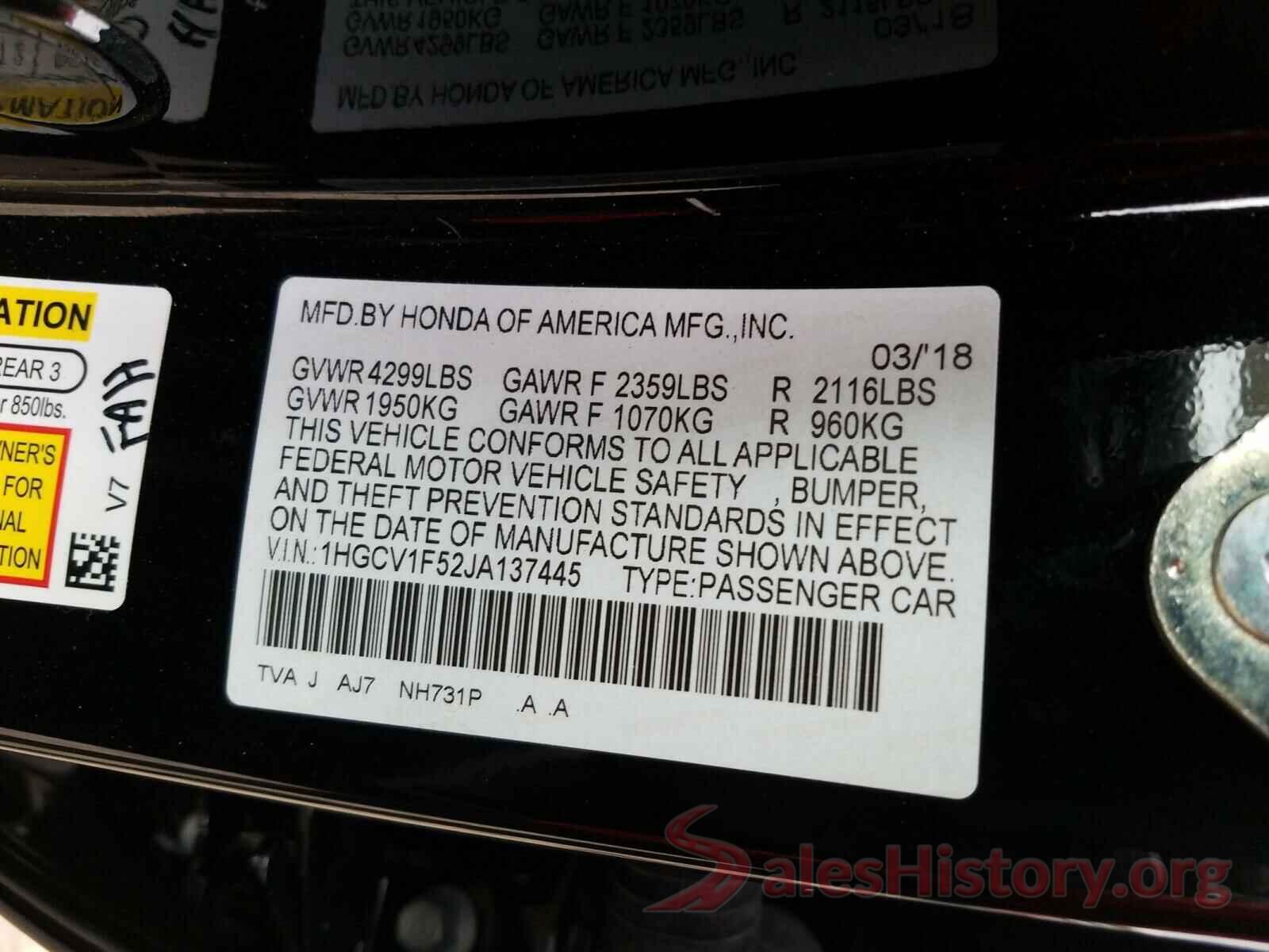 1HGCV1F52JA137445 2018 HONDA ACCORD