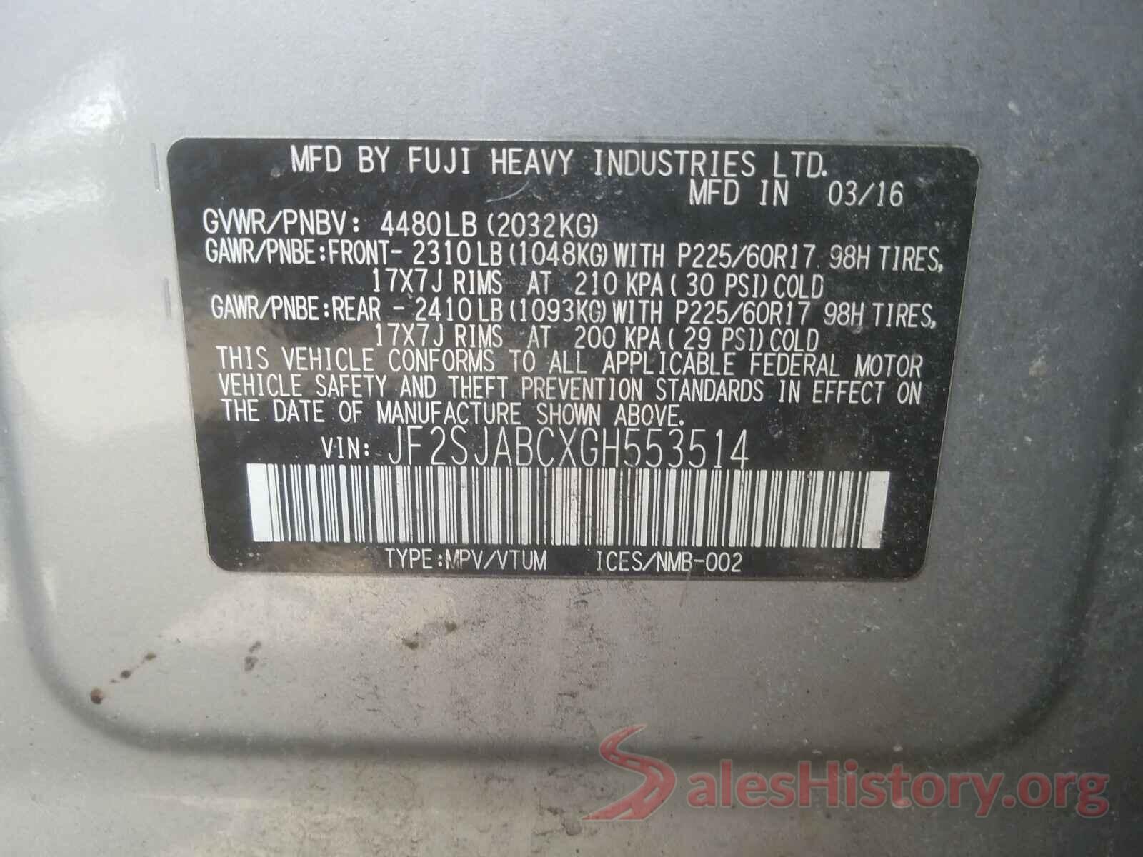 JF2SJABCXGH553514 2016 SUBARU FORESTER