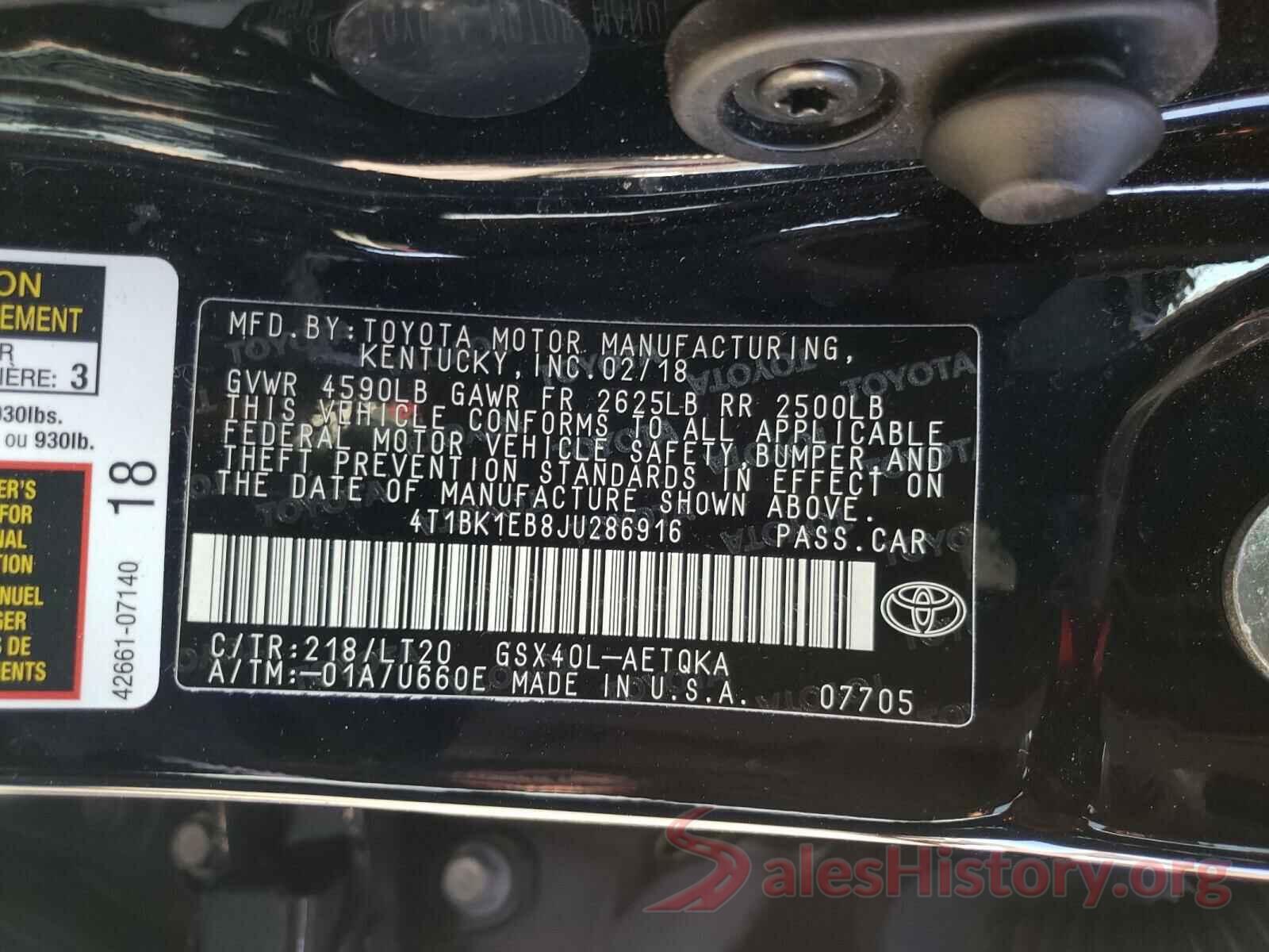 4T1BK1EB8JU286916 2018 TOYOTA AVALON