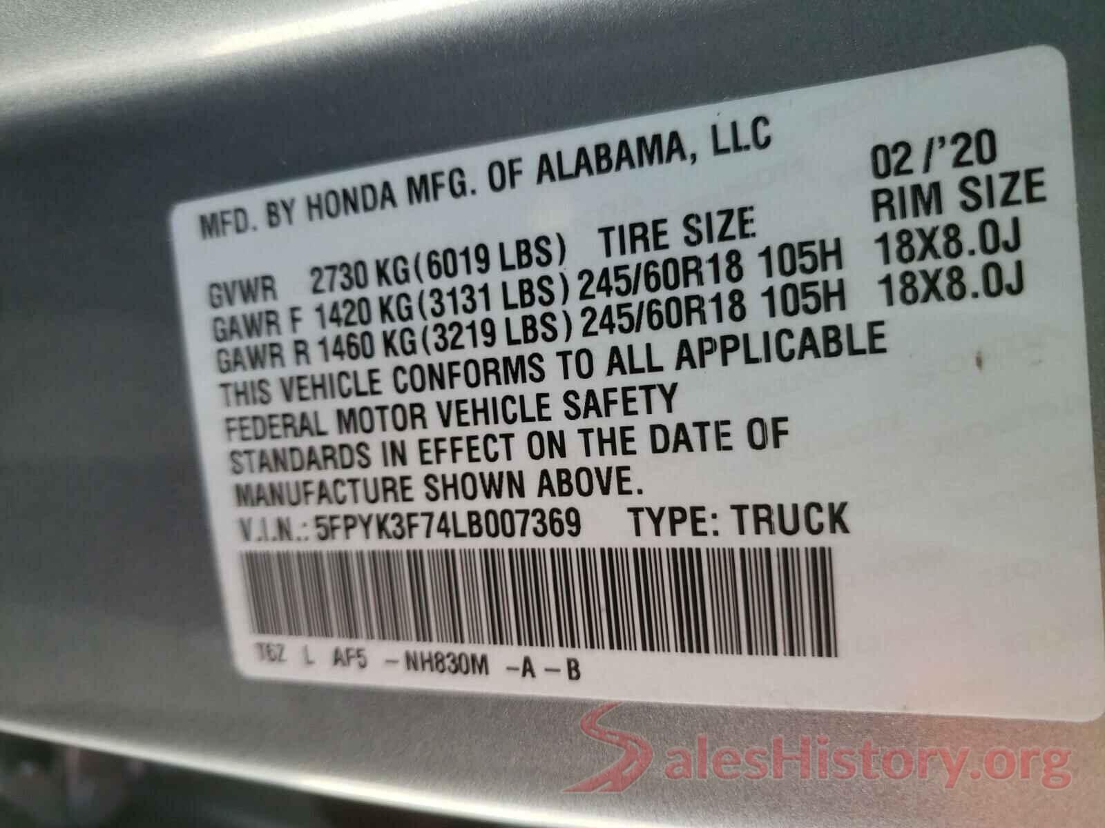 5FPYK3F74LB007369 2020 HONDA RIDGELINE